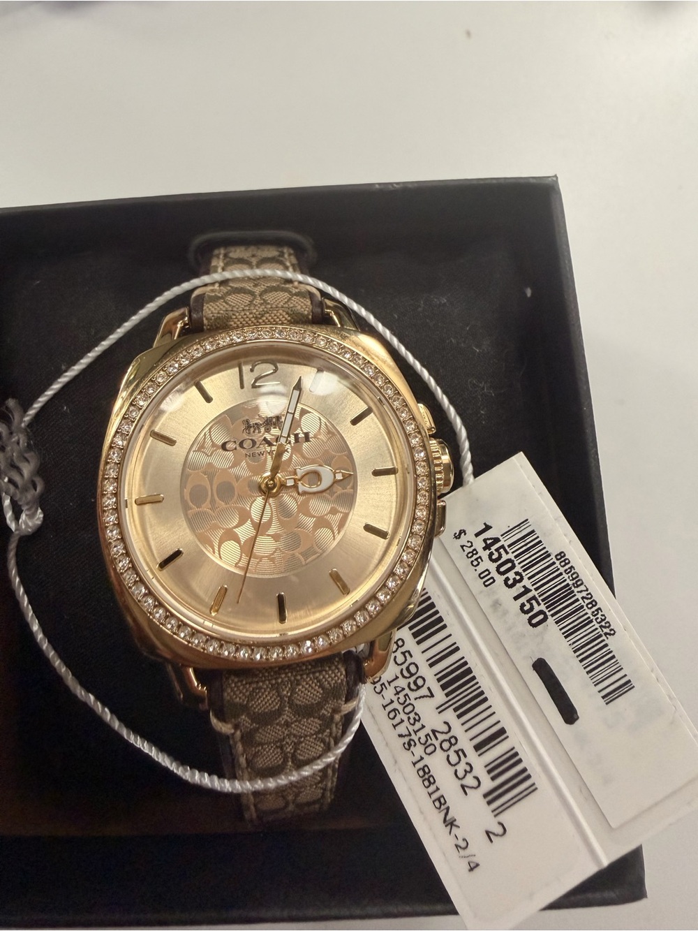 Coach Gold-Tone Crystal Bezel Watch with Tan Signature Strap